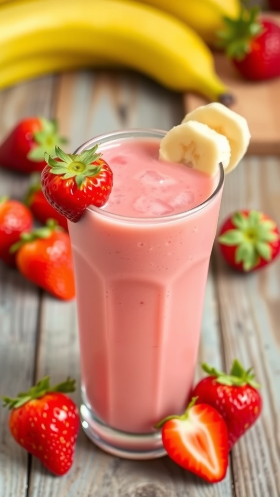 A refreshing strawberry banana smoothie in a glass, garnished with a strawberry and banana slice, on a wooden table.